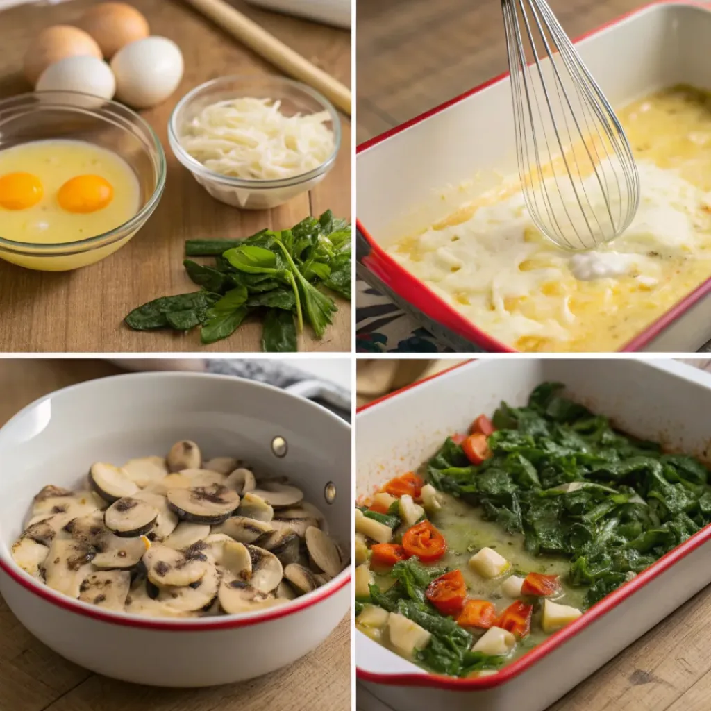 Step-by-step collage showing preparation of spinach and mushroom egg casserole