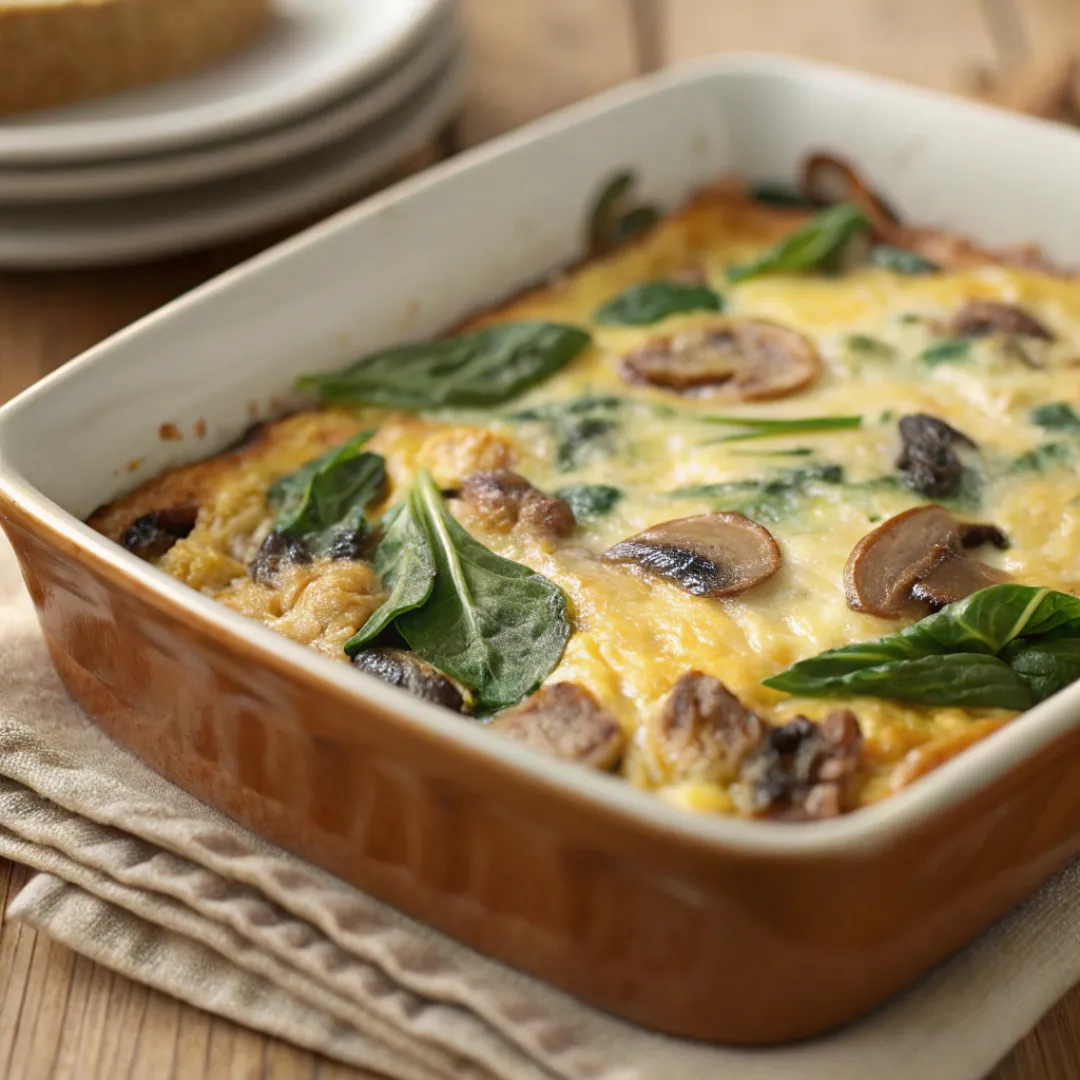 Spinach and mushroom egg casserole with melted cheese and golden top