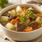 Bowl of hearty Steak and Potato Soup with vegetables