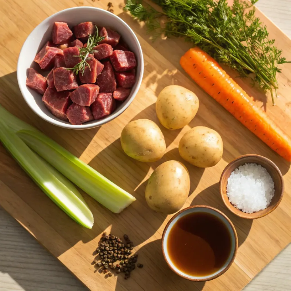 Flat lay of Steak and Potato Soup ingredients