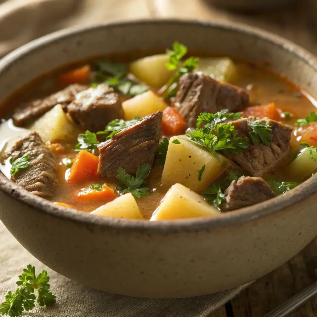 Served Steak and Potato Soup with parsley garnish