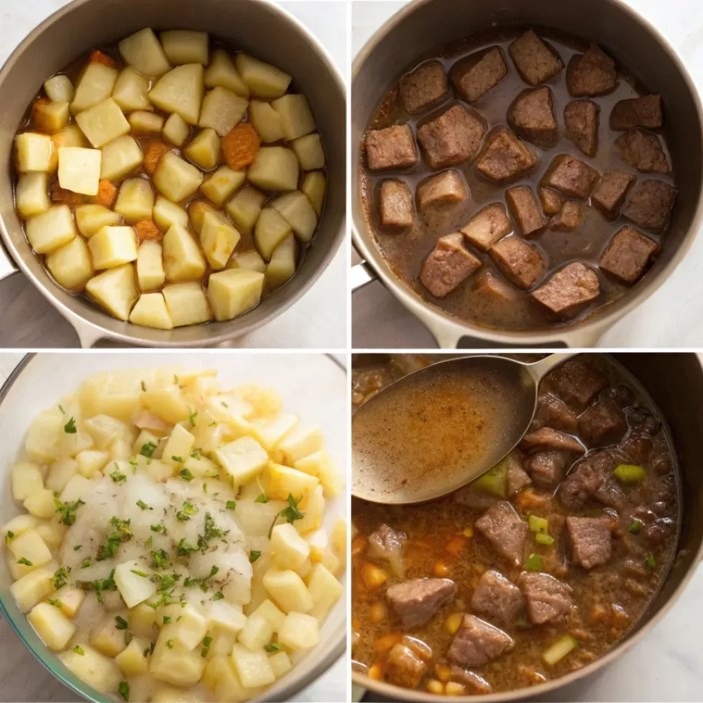 Collage showing the process of making Steak and Potato Soup