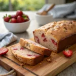 Strawberry banana bread loaf with golden crust and fresh strawberry chunks