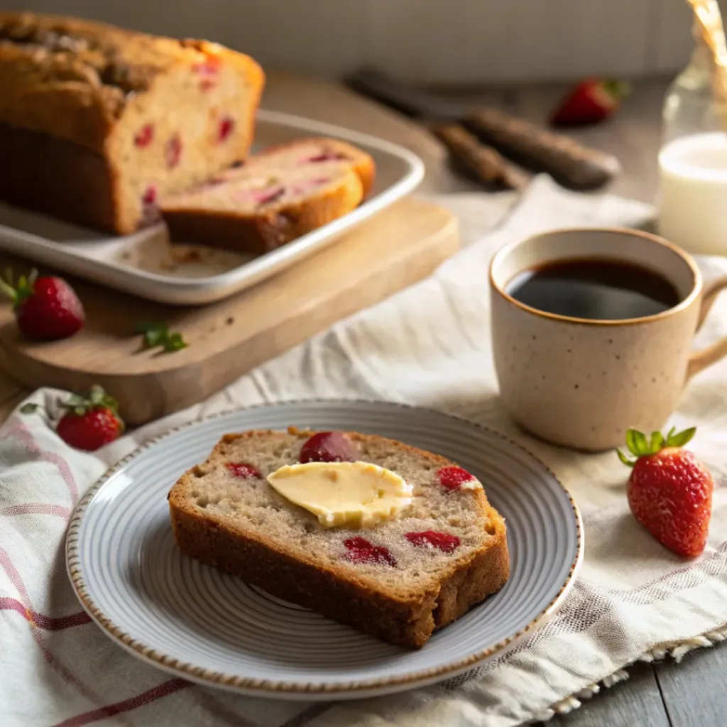 Slice of strawberry banana bread with butter and coffee on breakfast table