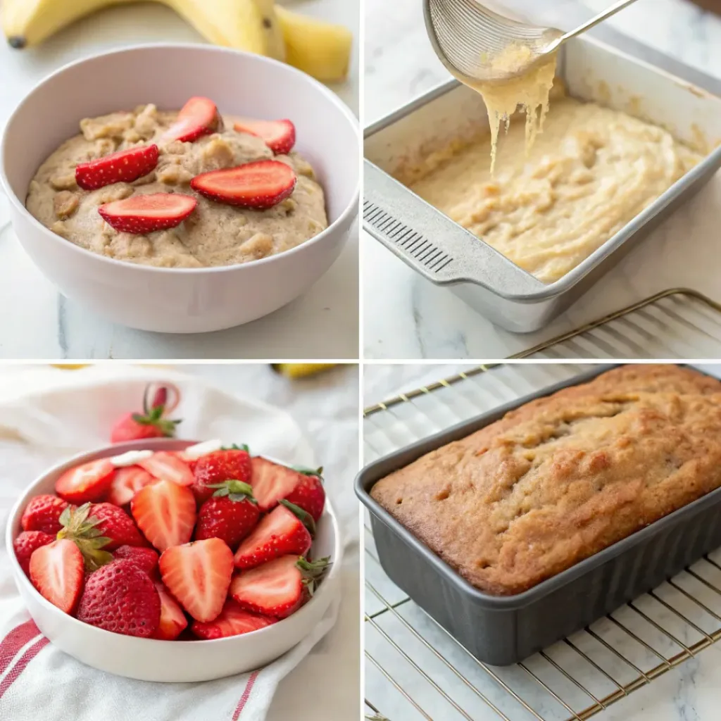 Step-by-step collage showing preparation of strawberry banana bread