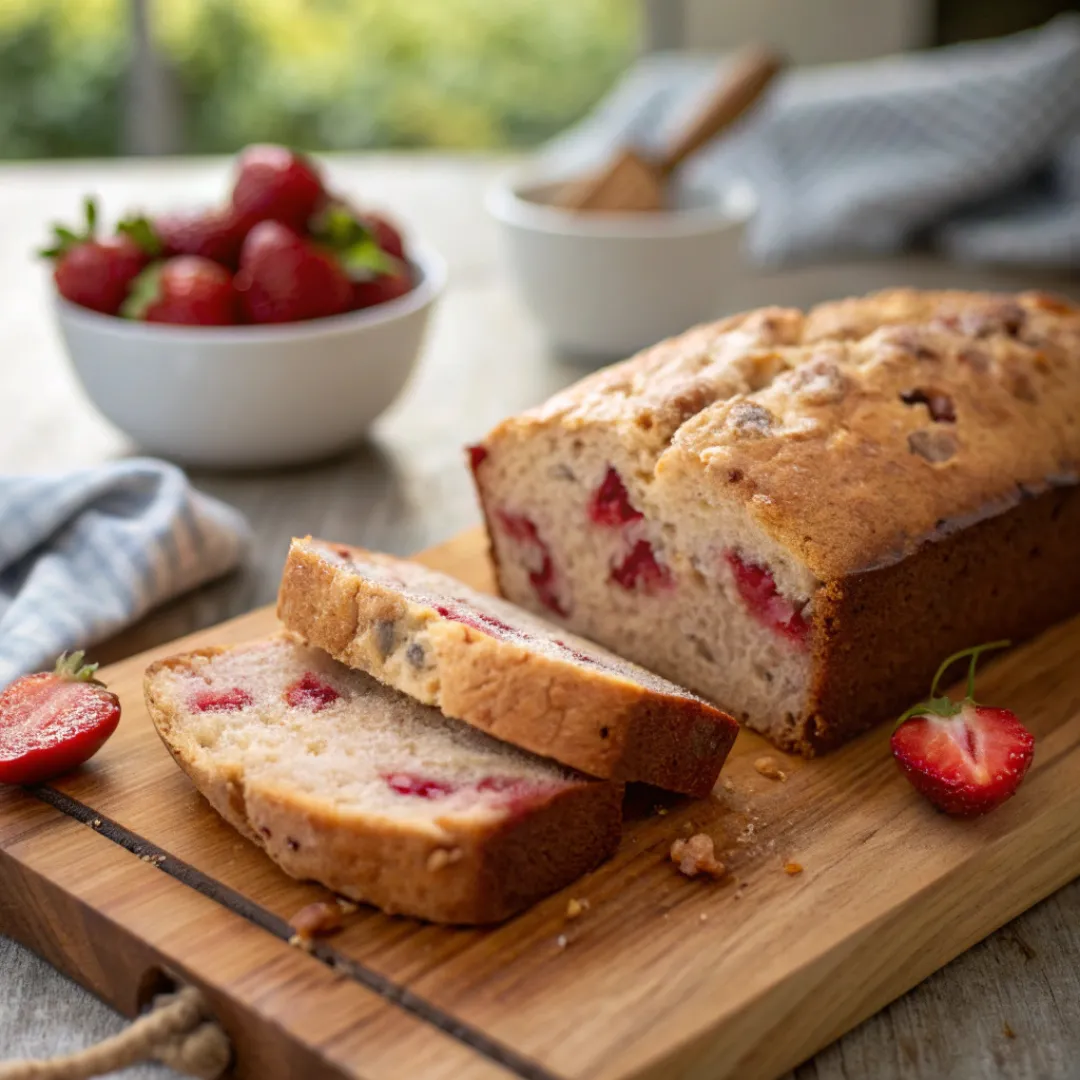 Strawberry banana bread loaf with golden crust and fresh strawberry chunks