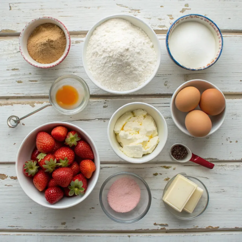 Flat lay of flour, butter, sugar, cream cheese, and fresh strawberries for cookies