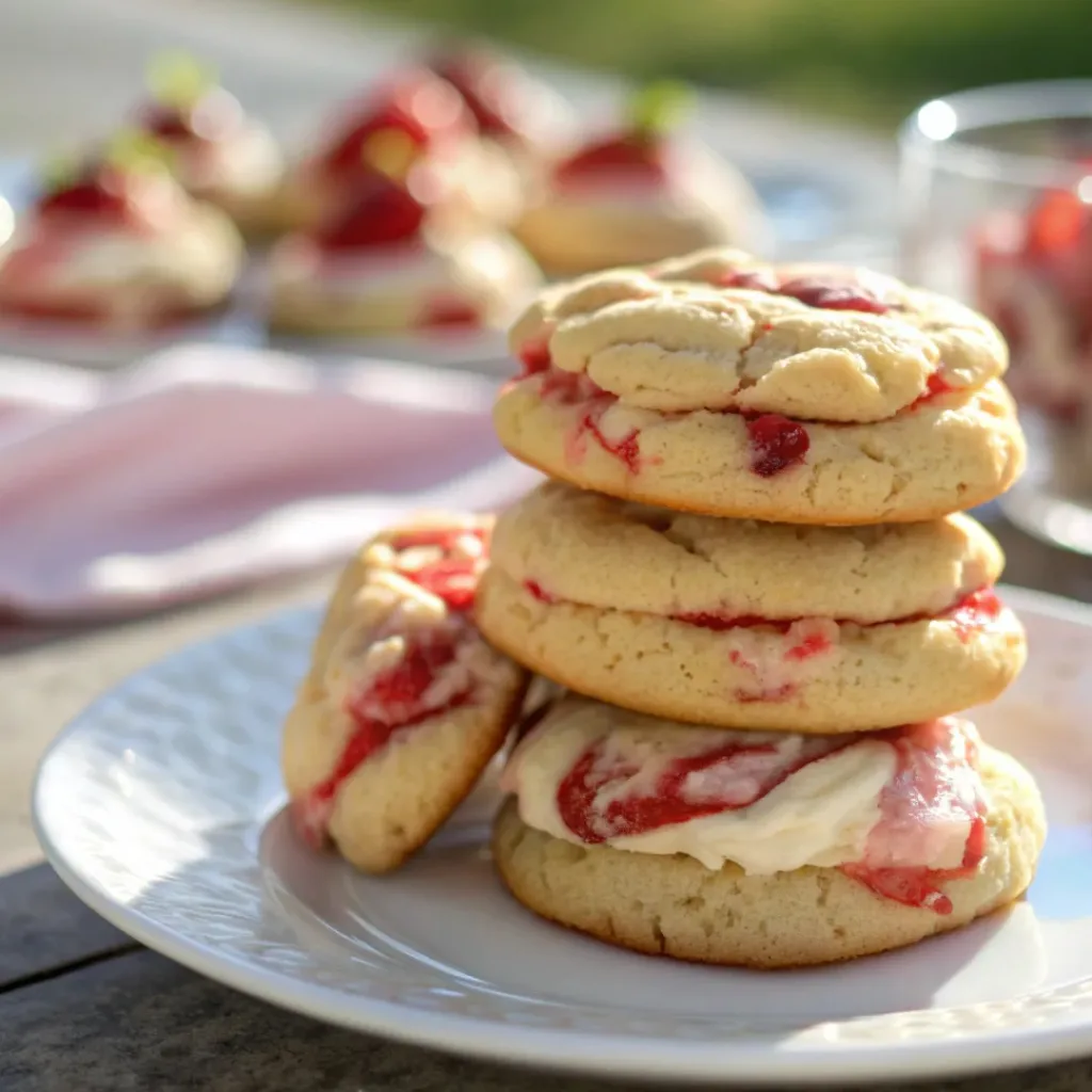 Plate of strawberry cheesecake cookies with cream filling and fresh strawberries