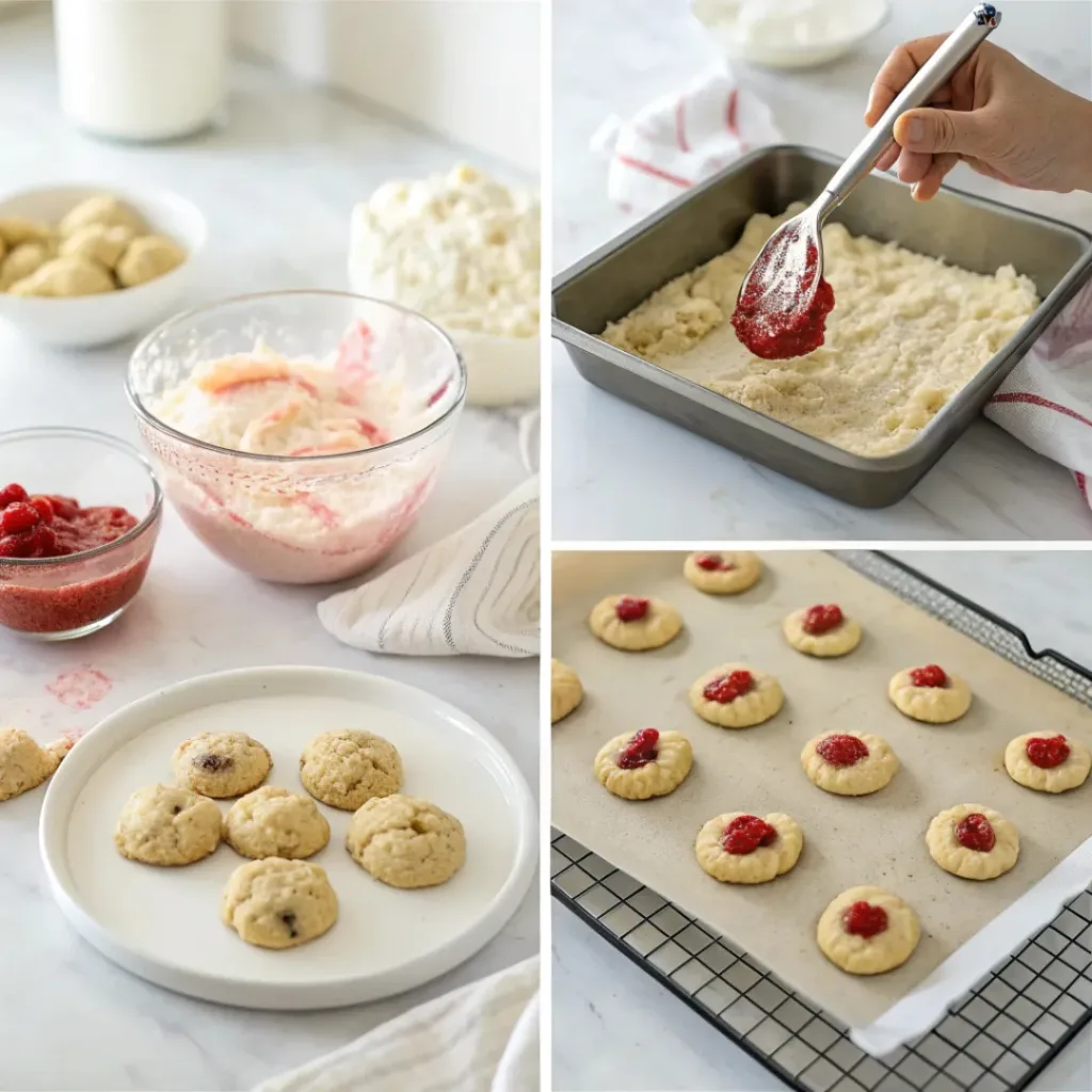 Step-by-step collage showing preparation of strawberry cheesecake cookies