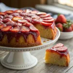 Strawberry upside down cake topped with caramelized strawberries and golden cake layers