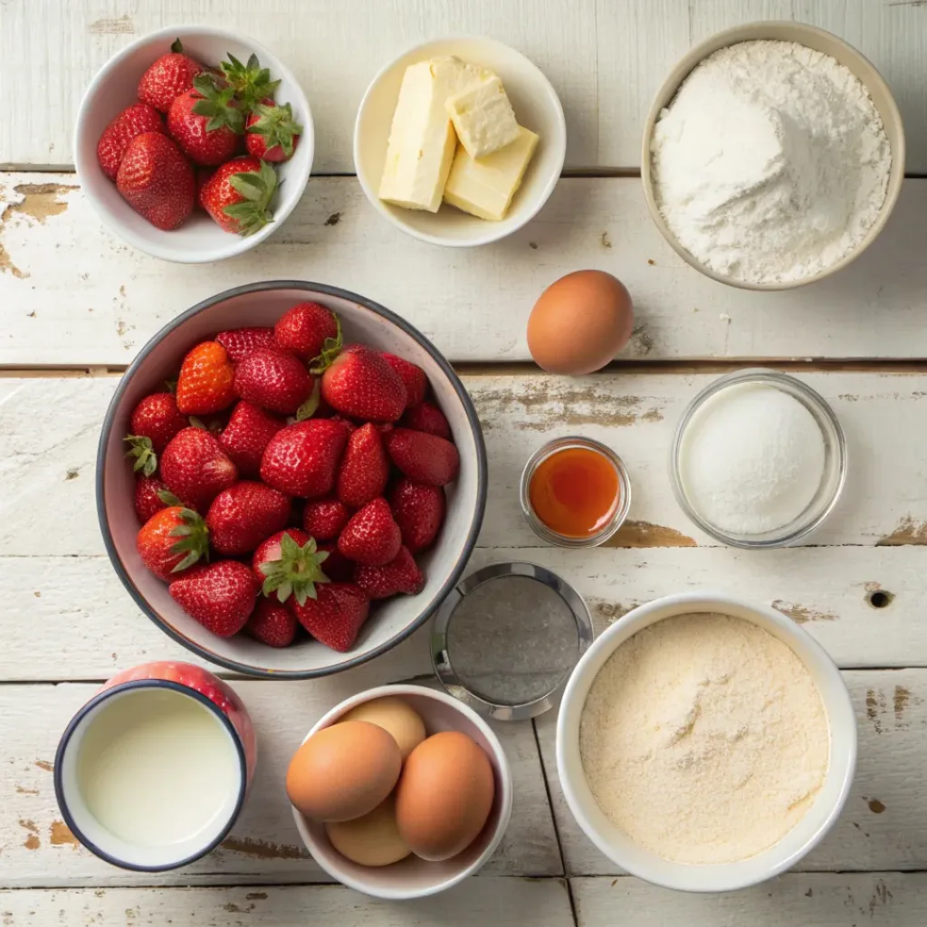 Homemade Strawberry Upside Down Cake 6 Flat lay of strawberries, butter, sugar, flour, eggs, and vanilla for upside down cake