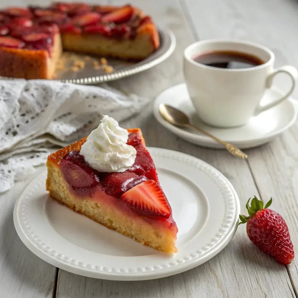 Homemade Strawberry Upside Down Cake 8 Slice of strawberry upside down cake topped with whipped cream and fresh strawberries