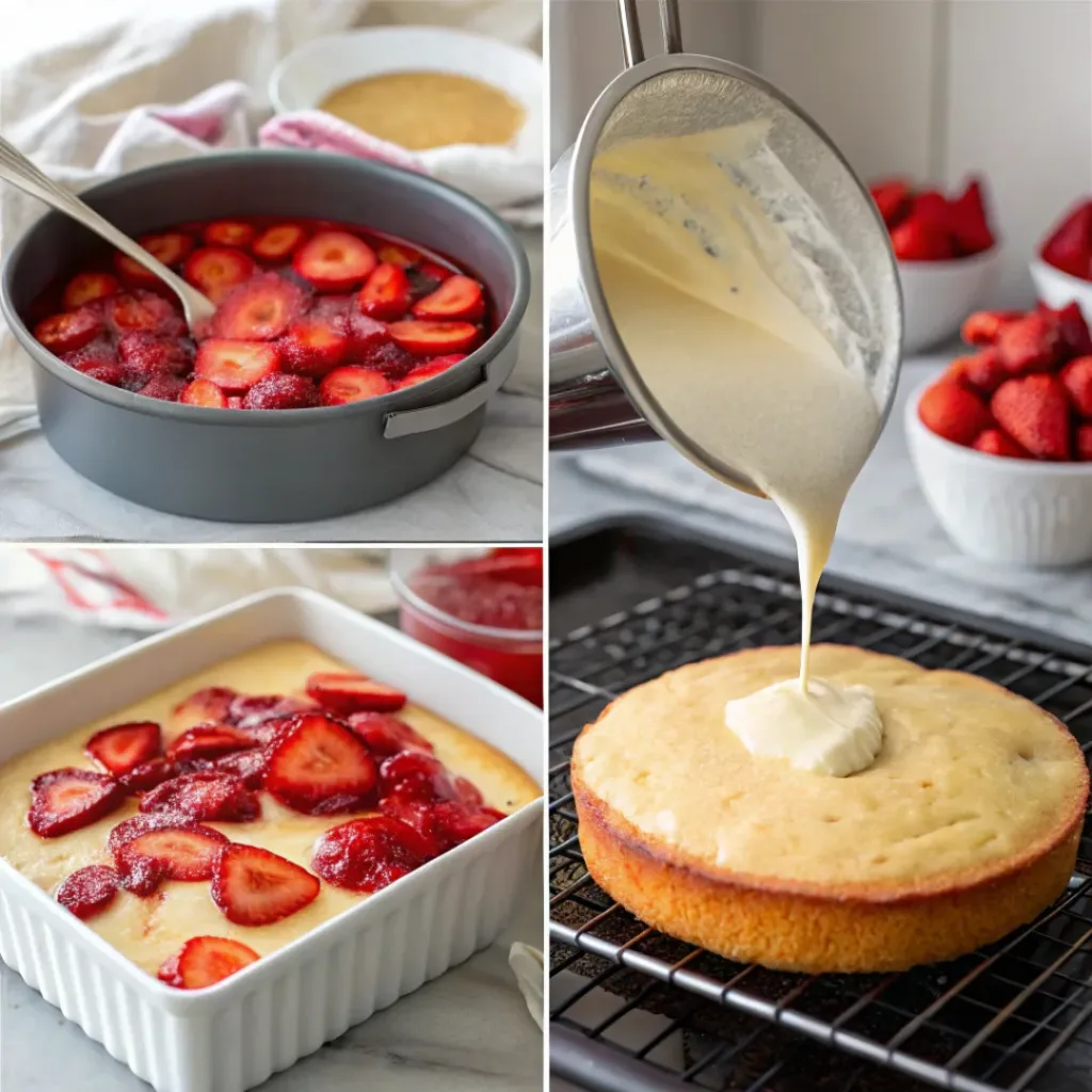 Homemade Strawberry Upside Down Cake 7 Step-by-step collage showing preparation and baking of strawberry upside down cake