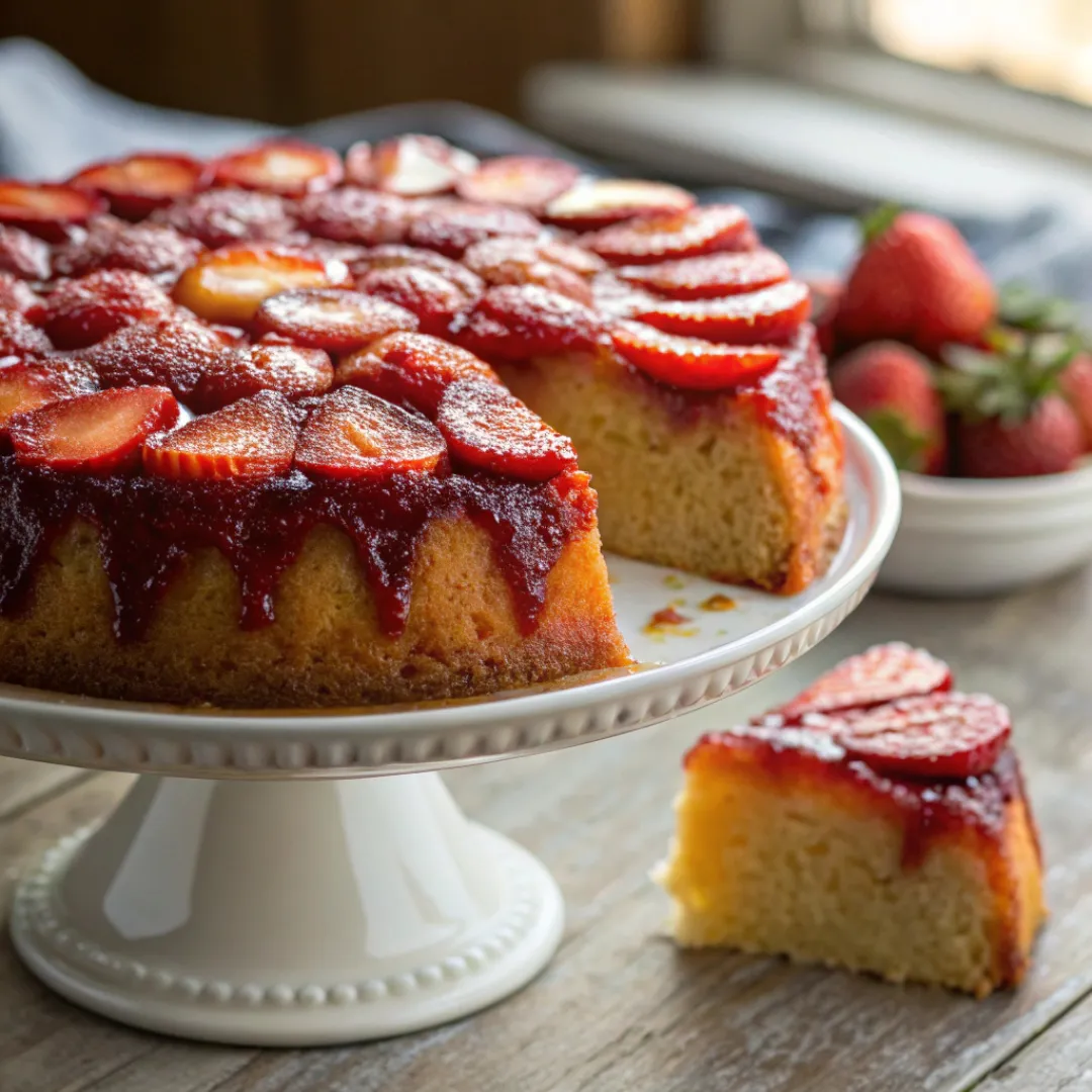 Strawberry upside down cake topped with caramelized strawberries and golden cake layers