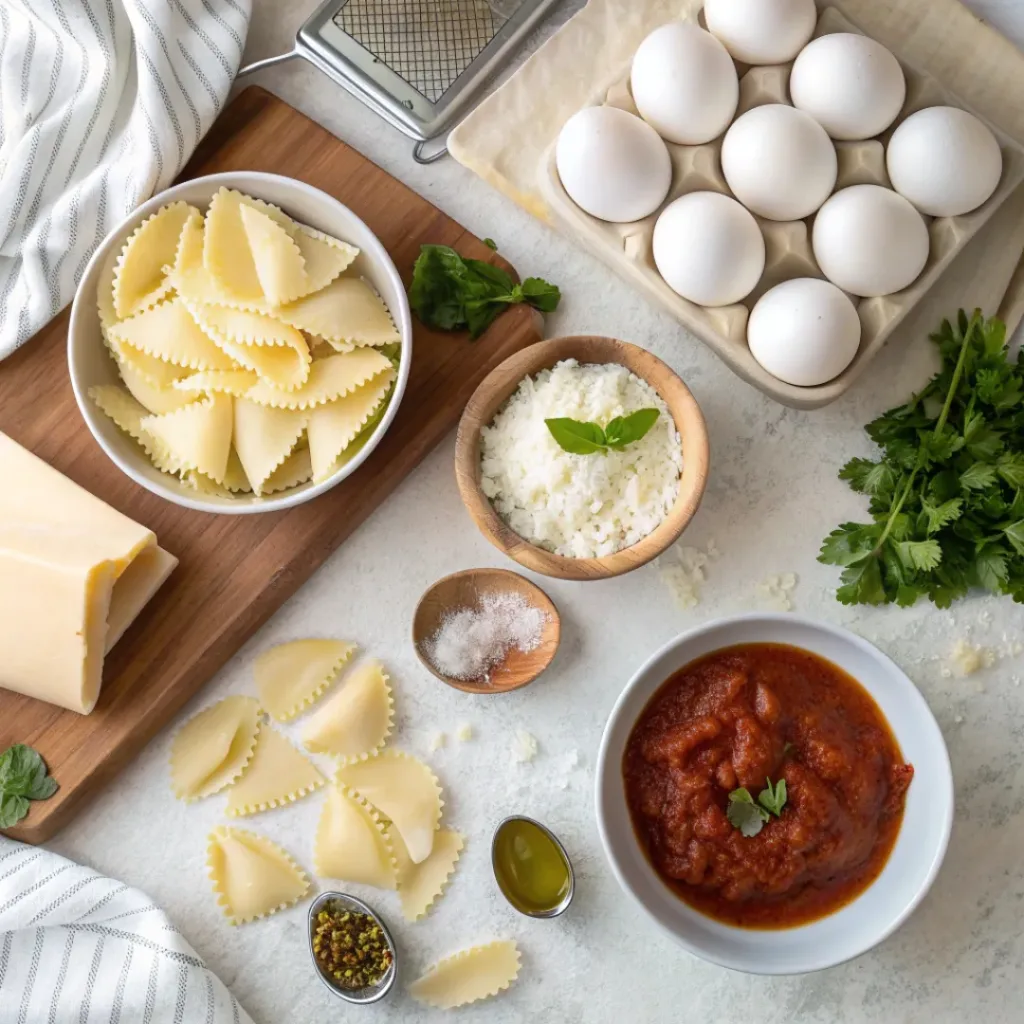 Baked Stuffed Shells with Ricotta and Mozzarella 6 Flat lay of ingredients for cheesy stuffed pasta shells