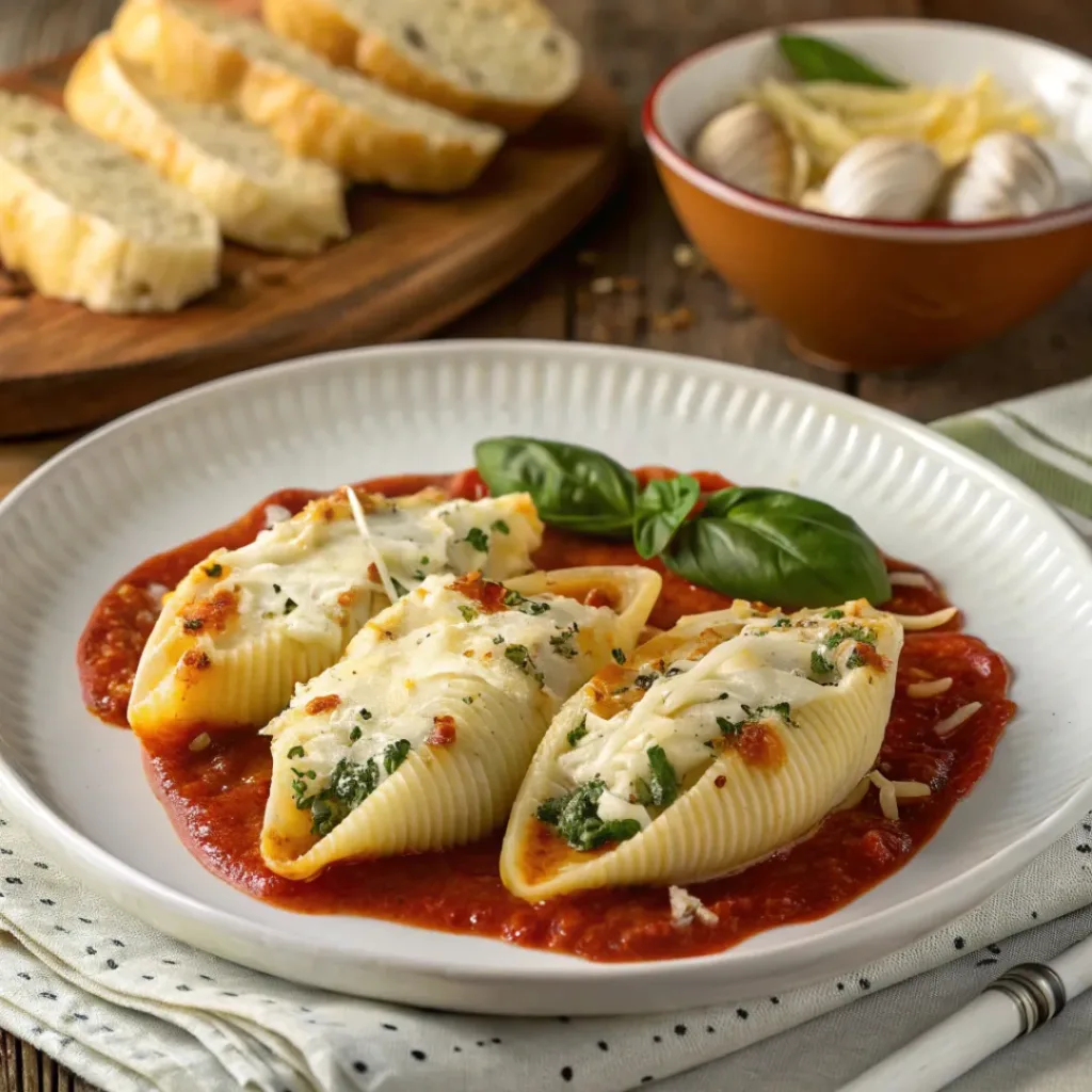 Baked Stuffed Shells with Ricotta and Mozzarella 8 Plate of cheesy stuffed shells with garlic bread