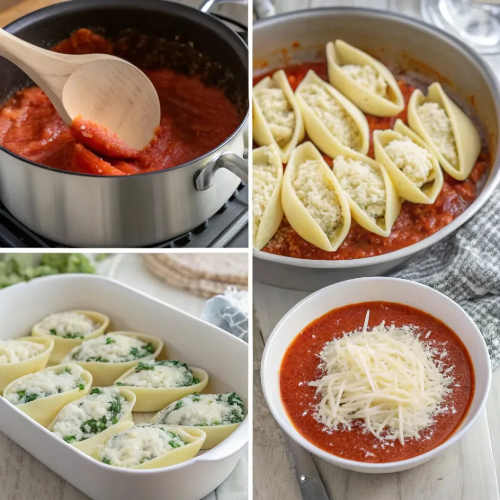 Baked Stuffed Shells with Ricotta and Mozzarella 7 Step-by-step collage showing how to make cheesy stuffed shells