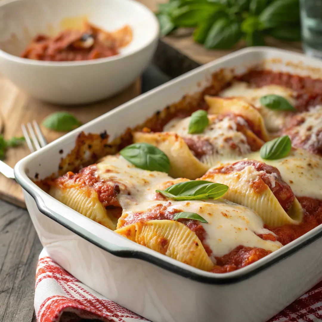 Baked cheesy stuffed shells with marinara sauce and basil