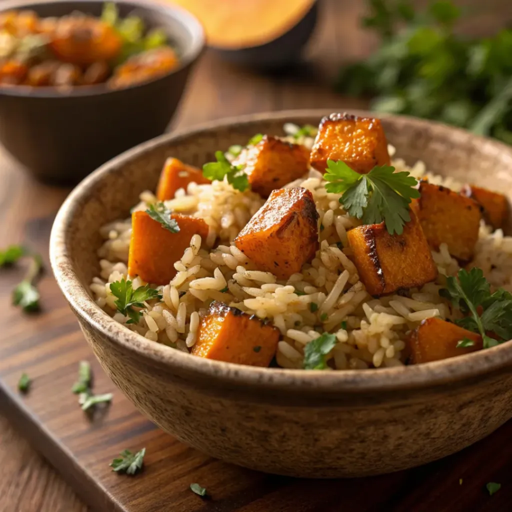 Bowl of fluffy sweet potato pilaf with herbs