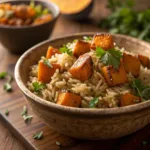 Bowl of fluffy sweet potato pilaf with herbs