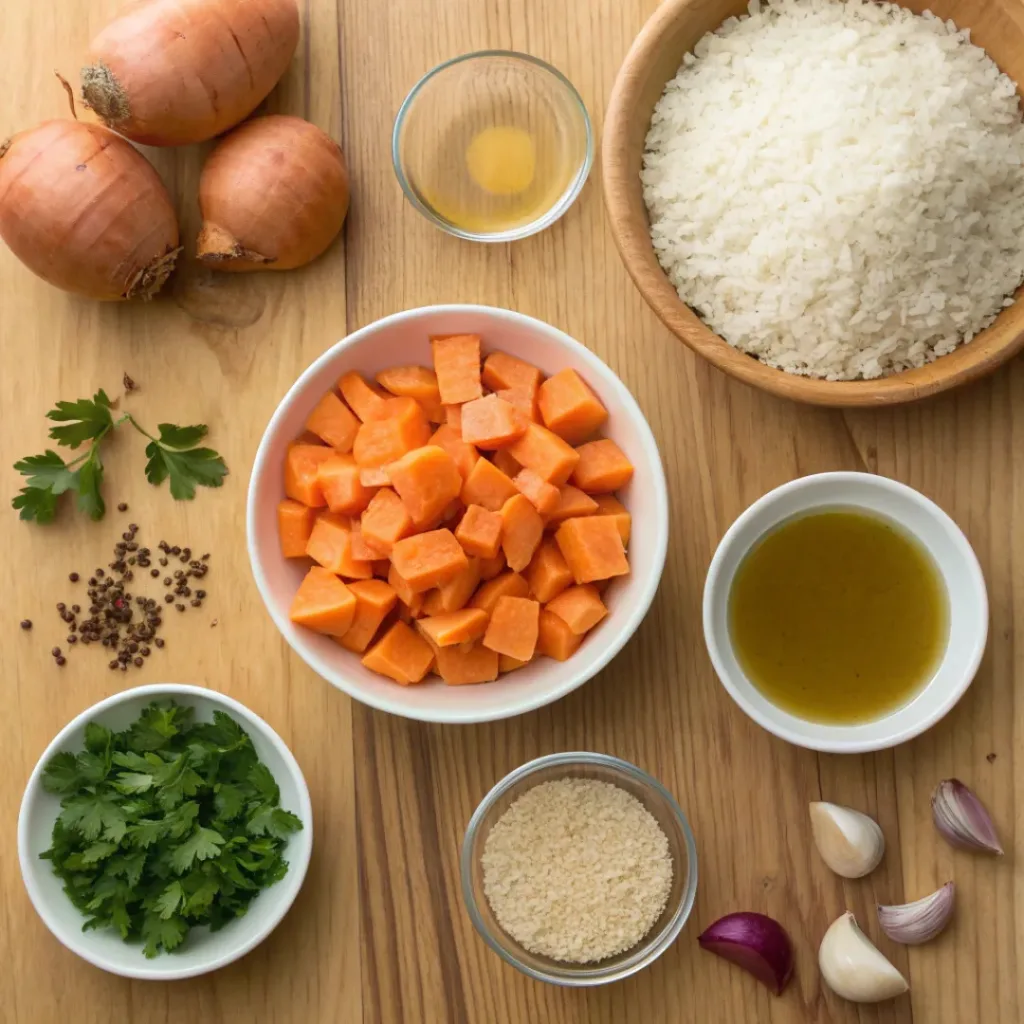 Flat lay of ingredients for sweet potato pilaf