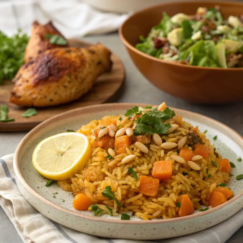 Sweet potato pilaf served with herbs and lemon