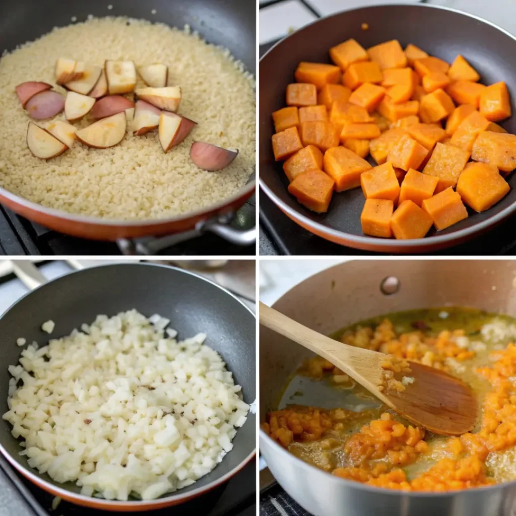 Step-by-step cooking collage for sweet potato pilaf