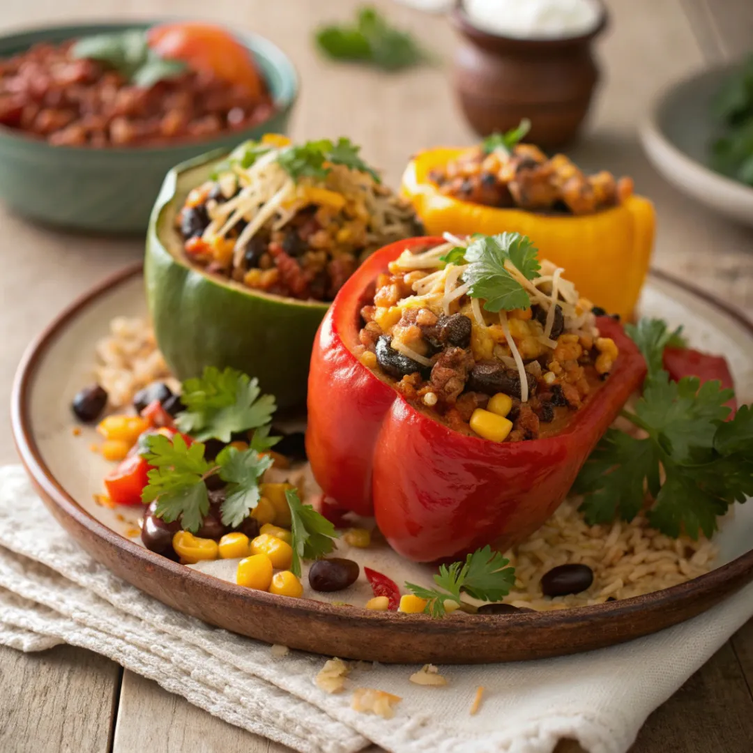Close-up of colorful Tex Mex stuffed peppers on a plate