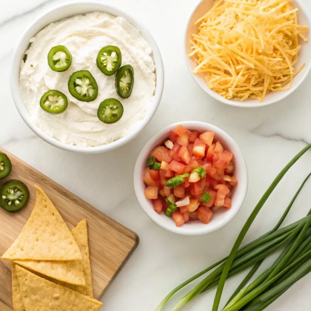 Cheesy Texas Trash Dip 6 Flat lay of cream cheese, cheddar, bacon, jalapeños, and other dip ingredients