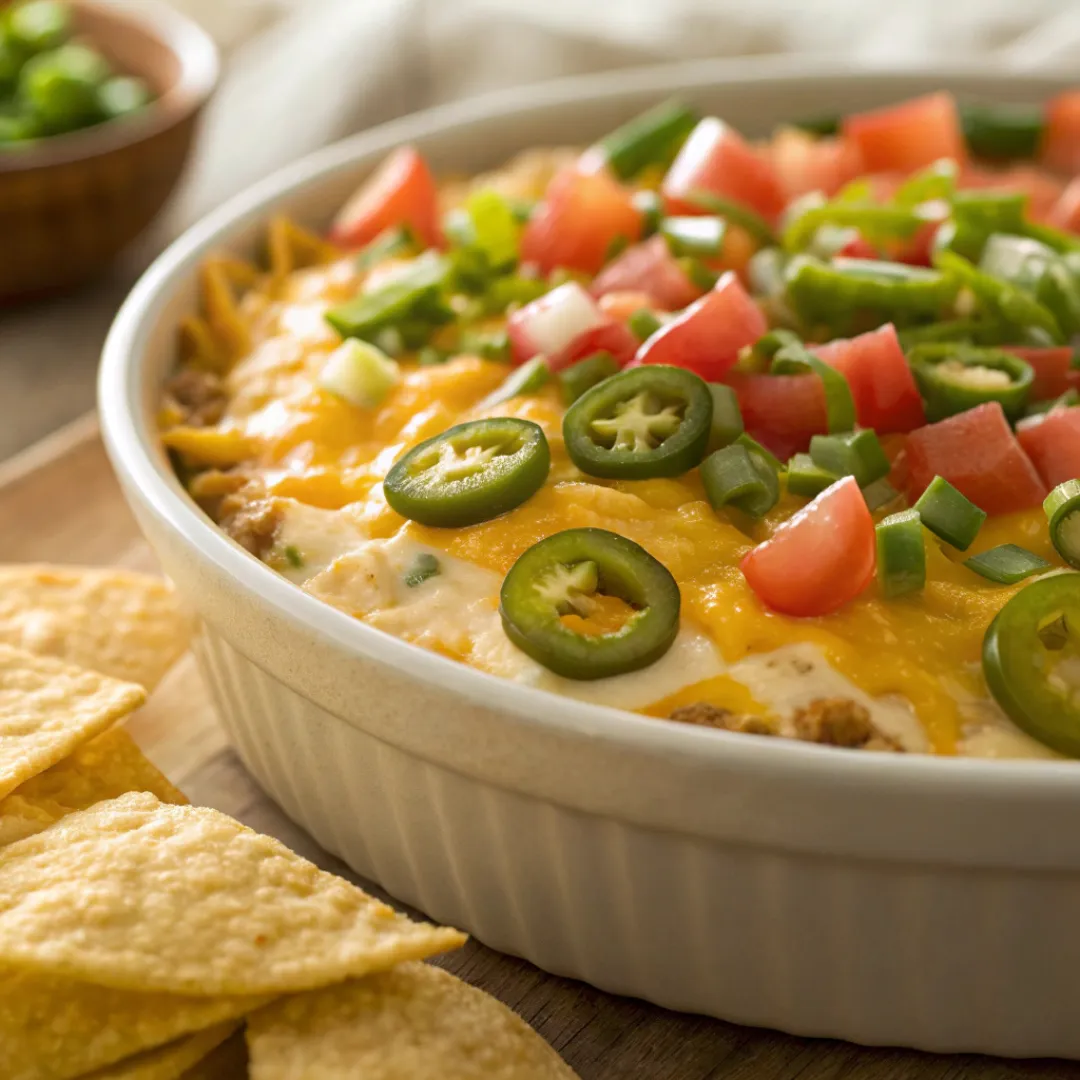 Bowl of layered Texas Trash Dip with melted cheese and toppings