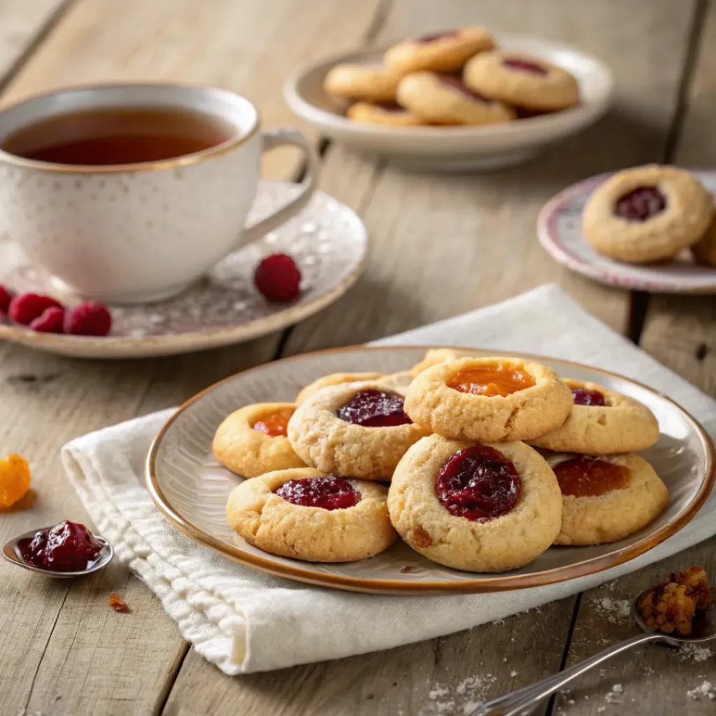 Classic Thumbprint Cookies – Buttery, Sweet, and Perfectly Festive 8 Thumbprint cookies with tea on a rustic table