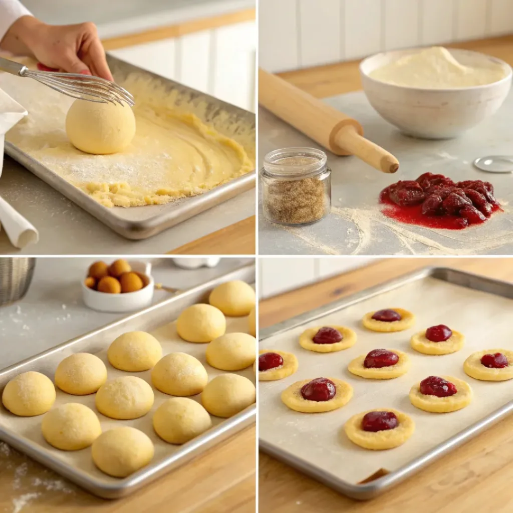 Classic Thumbprint Cookies – Buttery, Sweet, and Perfectly Festive 7 Step-by-step collage of making thumbprint cookies