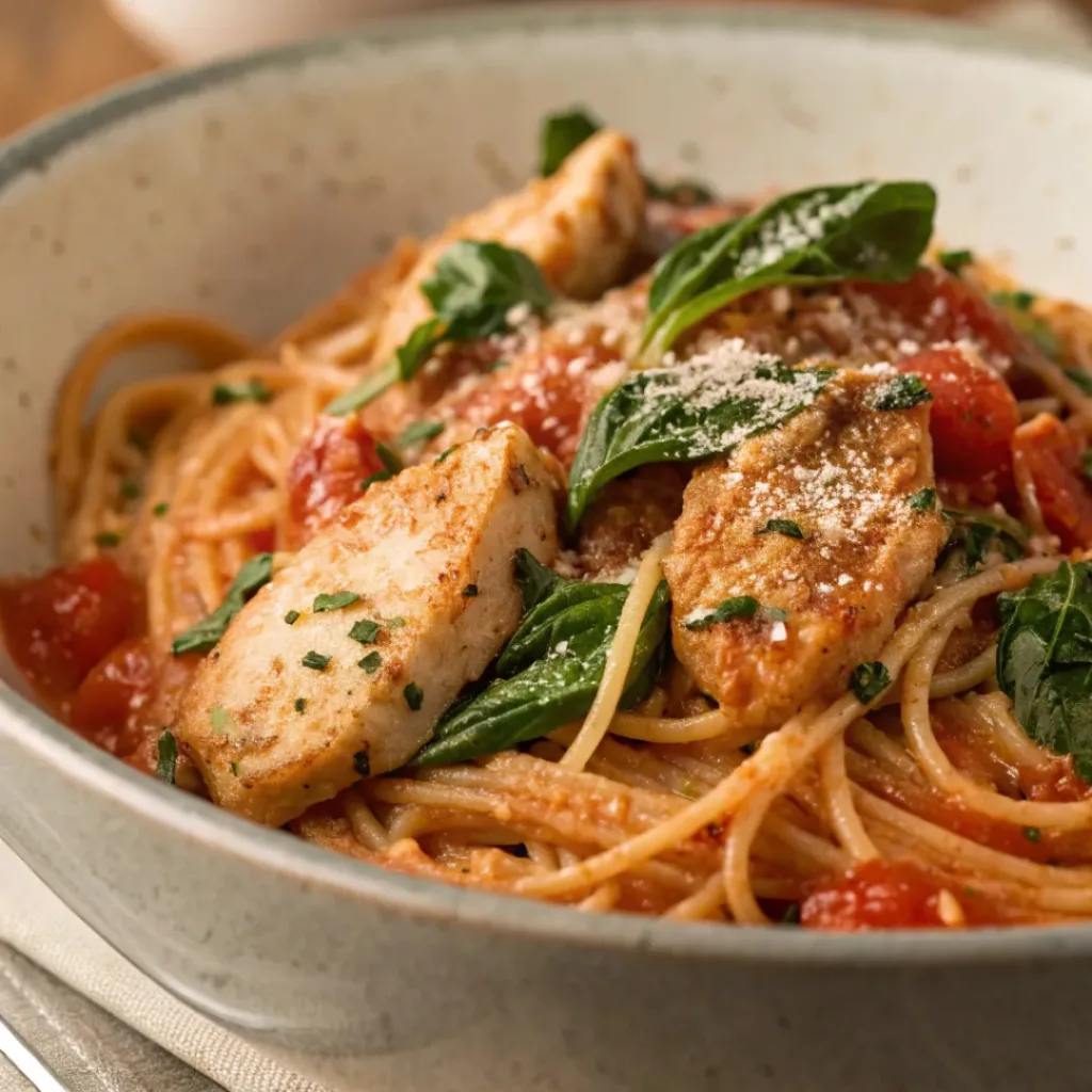 Tomato Spinach Chicken Spaghetti