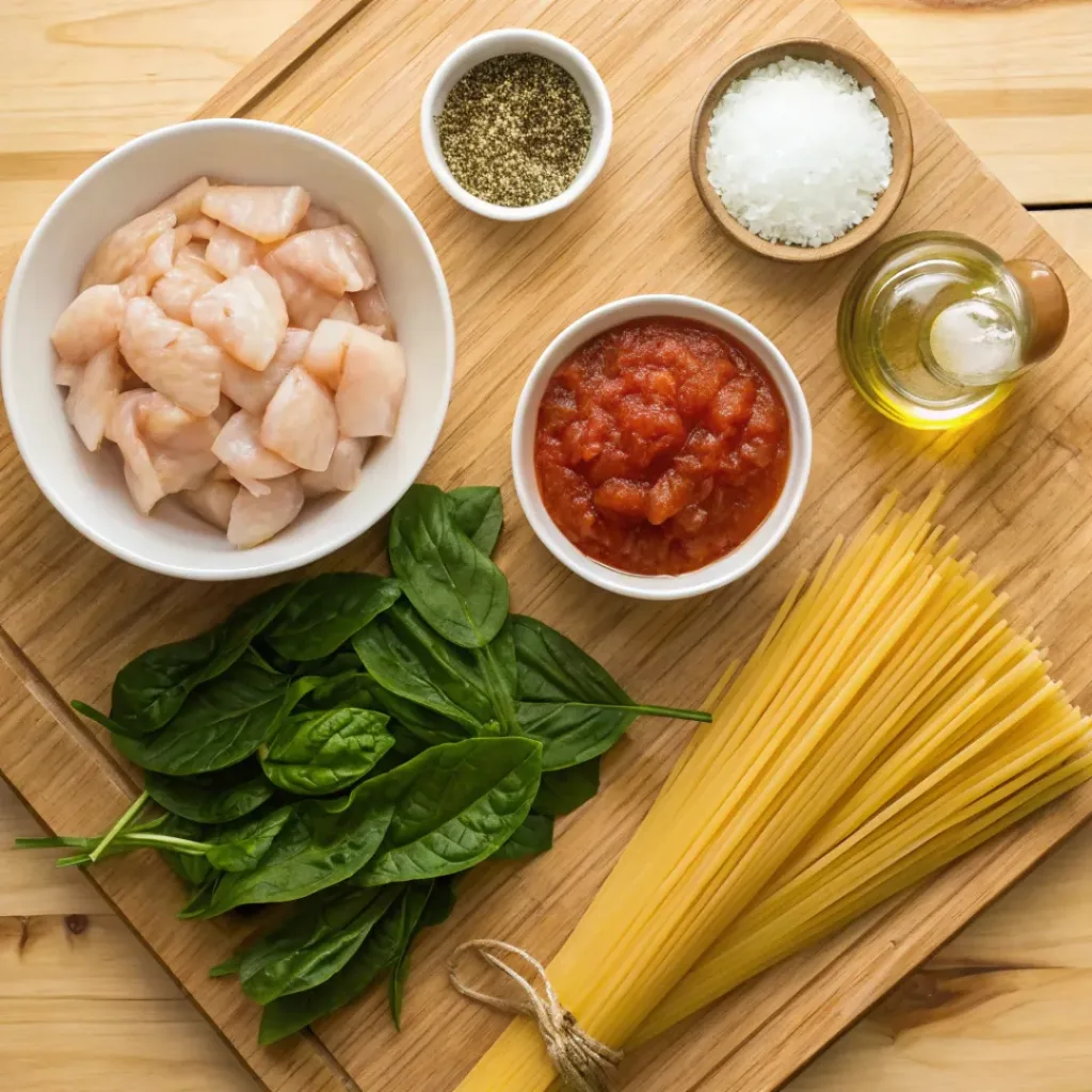 Tomato Spinach Chicken Spaghetti 6 Flat lay of chicken, spaghetti, spinach, tomato sauce, and seasonings
