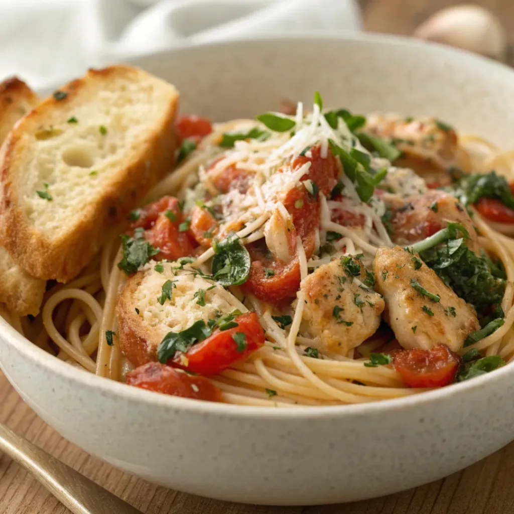 Tomato Spinach Chicken Spaghetti 8 Bowl of tomato spinach chicken spaghetti with parmesan and herbs, served with garlic bread