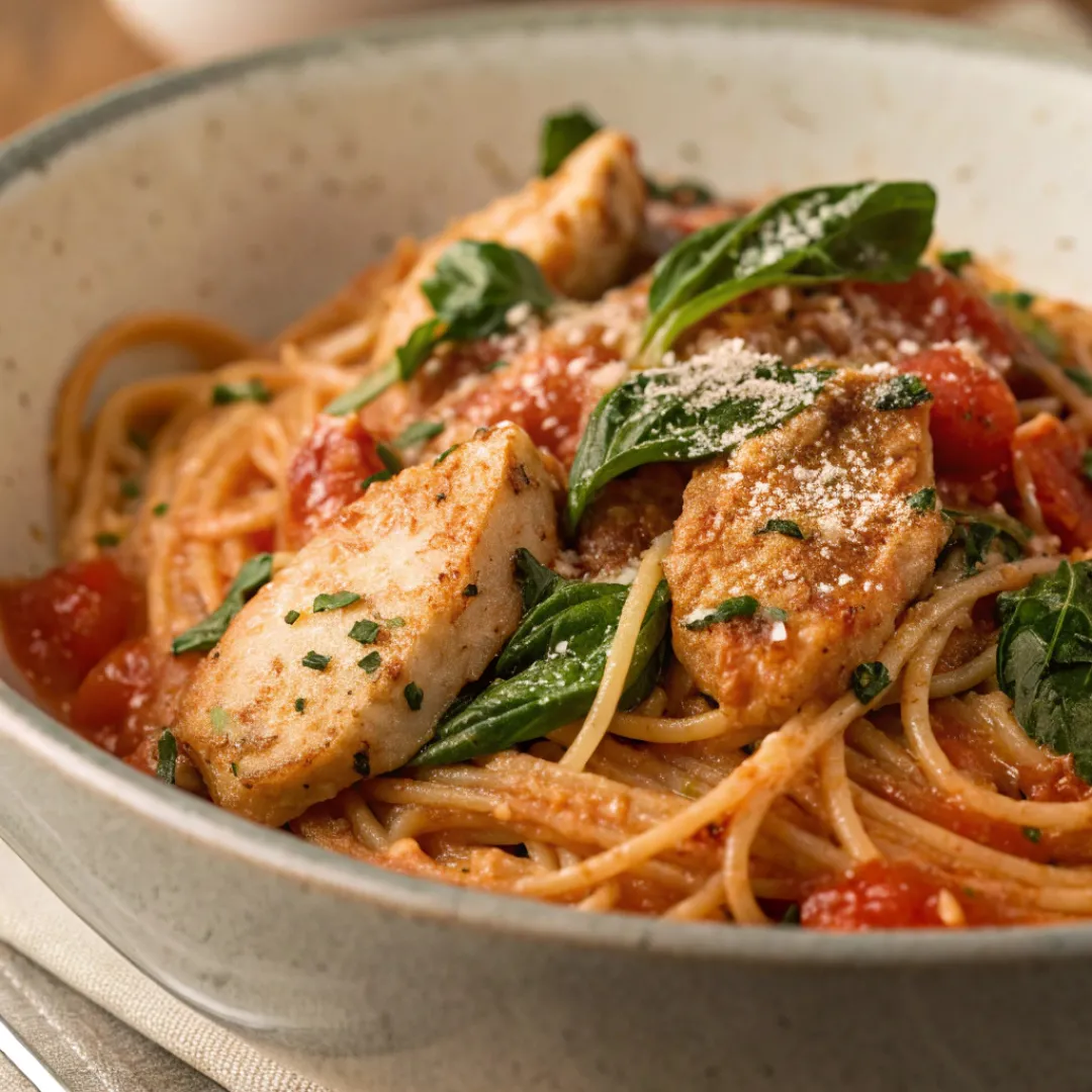 Bowl of tomato spinach chicken spaghetti with creamy sauce and parmesan
