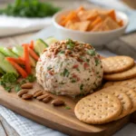 Turkey cheese ball coated with nuts and herbs served with crackers