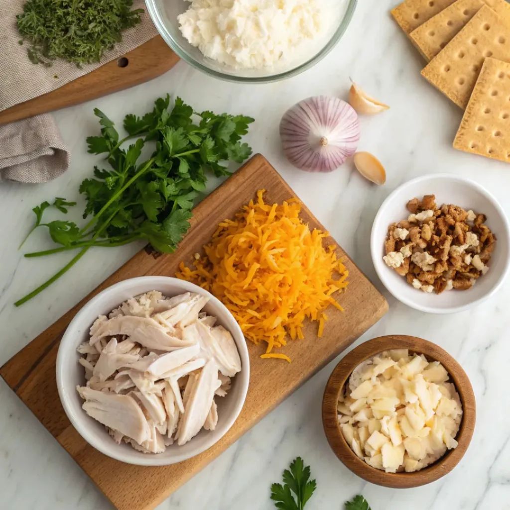 Turkey Cheese Ball with Herbs and Nuts 6 Flat lay of shredded turkey, cream cheese, cheddar, nuts, and herbs for cheese ball