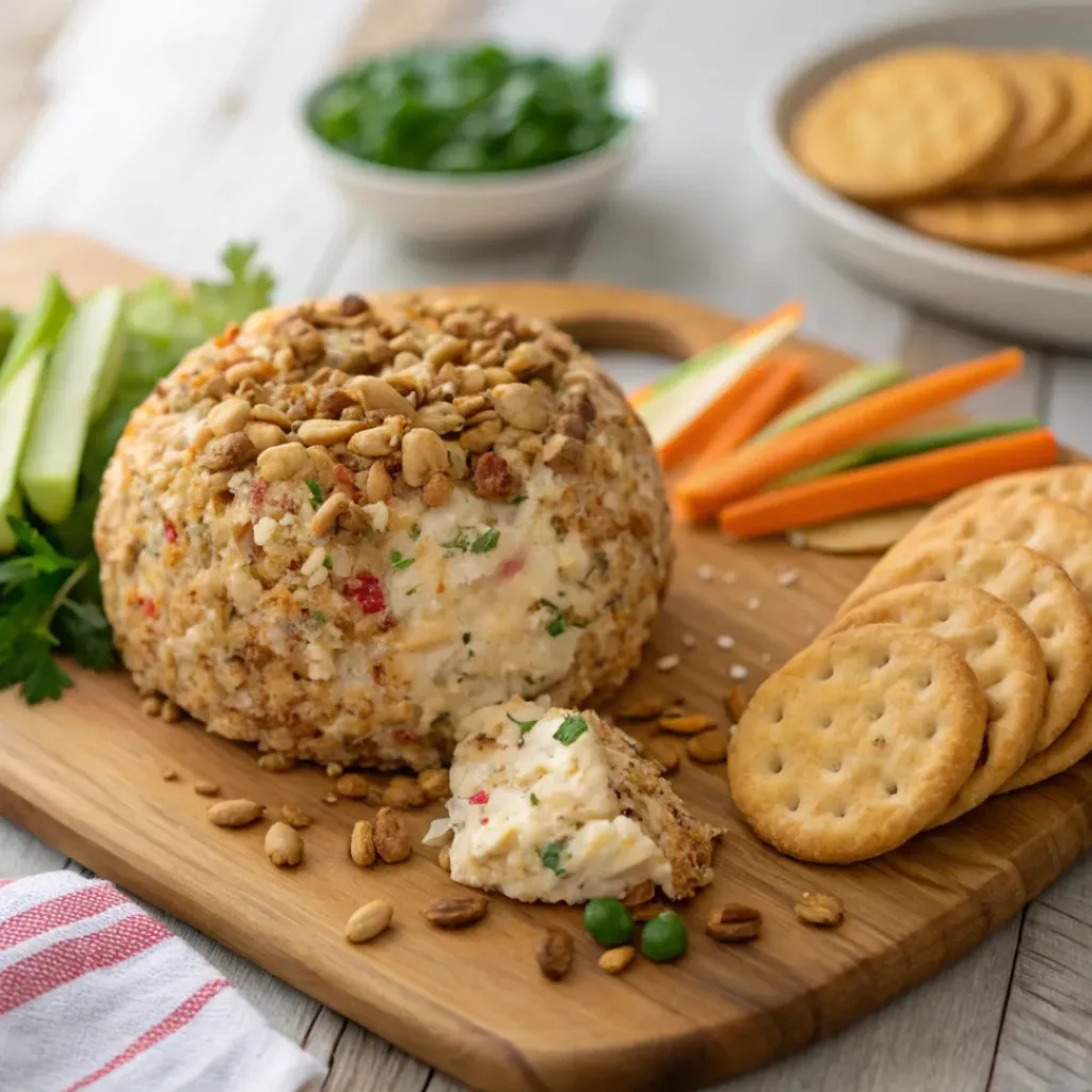Turkey Cheese Ball with Herbs and Nuts 8 Turkey cheese ball with creamy filling, coated with nuts, served with crackers and vegetables