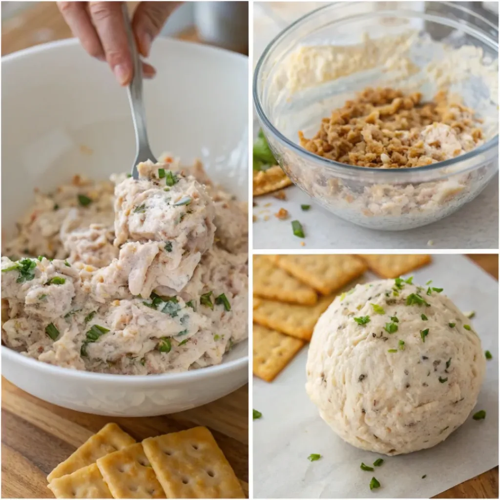 Turkey Cheese Ball with Herbs and Nuts 7 Step-by-step collage showing preparation of turkey cheese ball