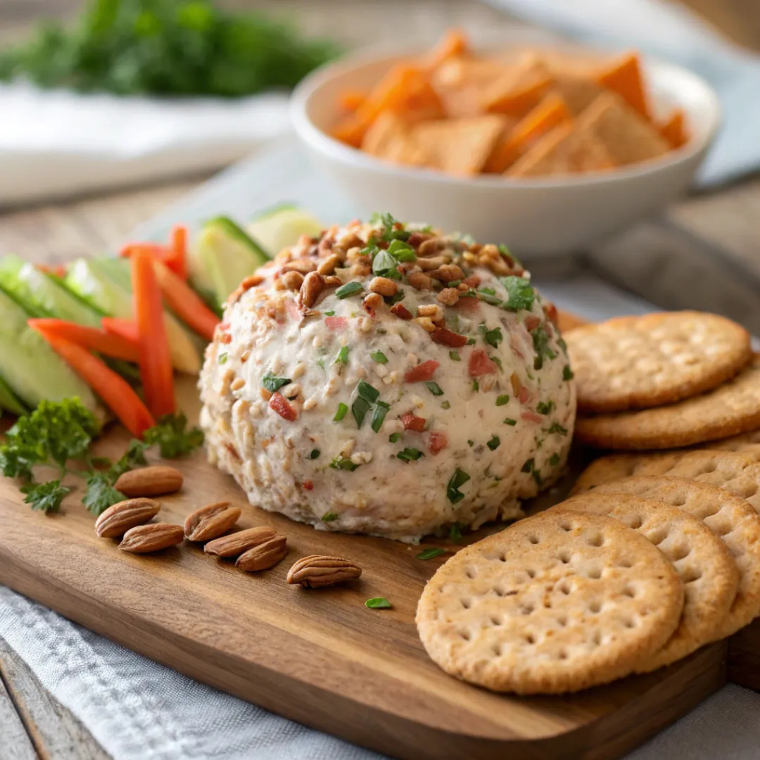 Turkey cheese ball coated with nuts and herbs served with crackers