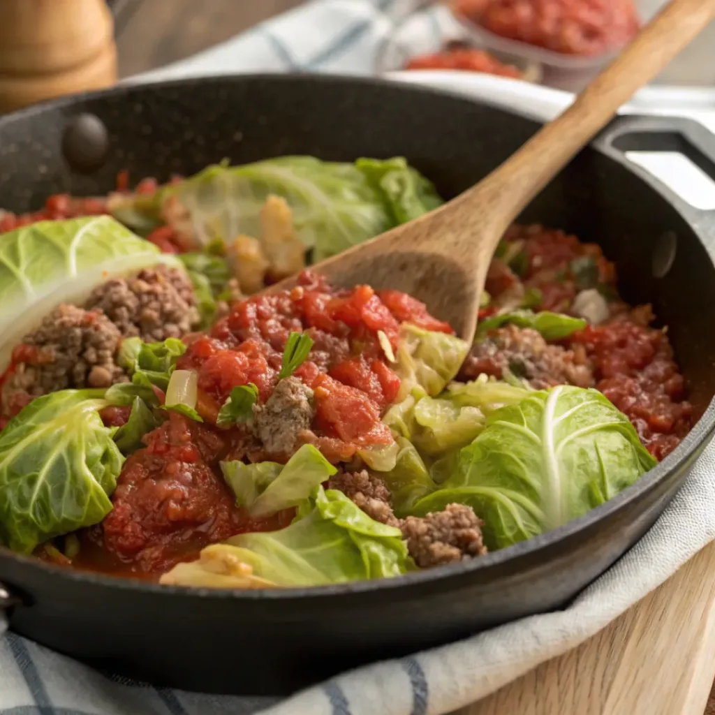 Bowl of slow cooker unstuffed cabbage rolls with beef, cabbage, and tomato sauce
