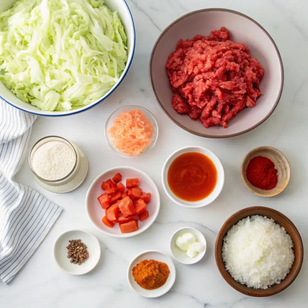Slow Cooker Unstuffed Cabbage Rolls 6 Flat lay of ingredients for unstuffed cabbage rolls including cabbage, beef, tomatoes, rice, onion, garlic, and seasoning