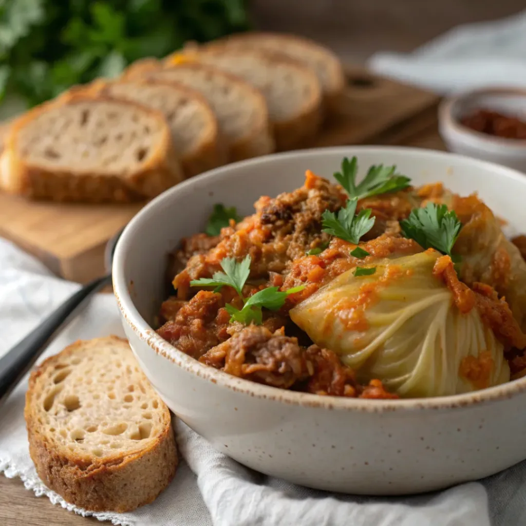 Slow Cooker Unstuffed Cabbage Rolls 8 Served bowl of unstuffed cabbage rolls with bread on the side