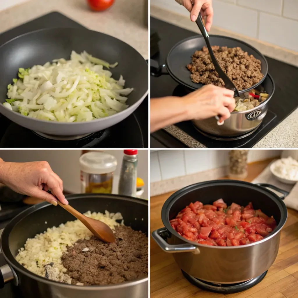 Slow Cooker Unstuffed Cabbage Rolls 7 Collage showing steps to prepare unstuffed cabbage rolls in a slow cooker