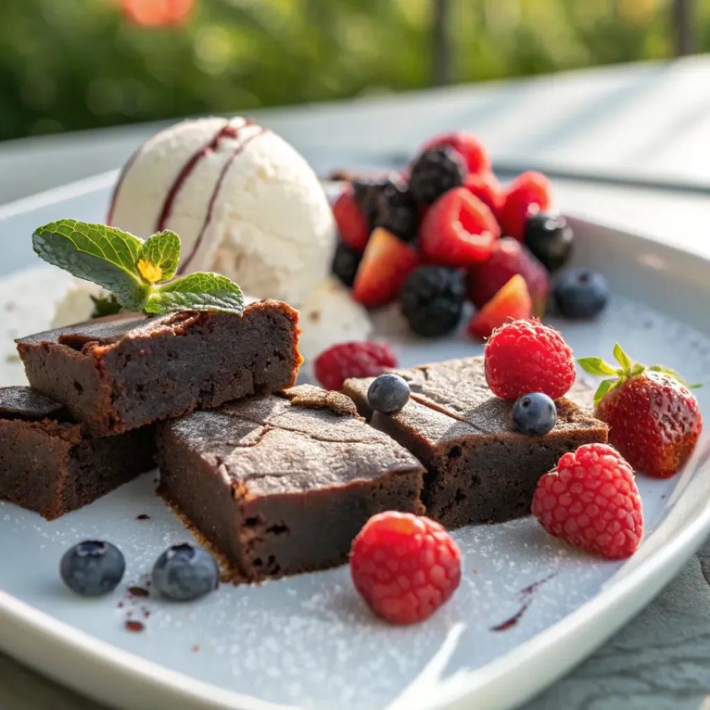 Vegan brownies served with fresh berries