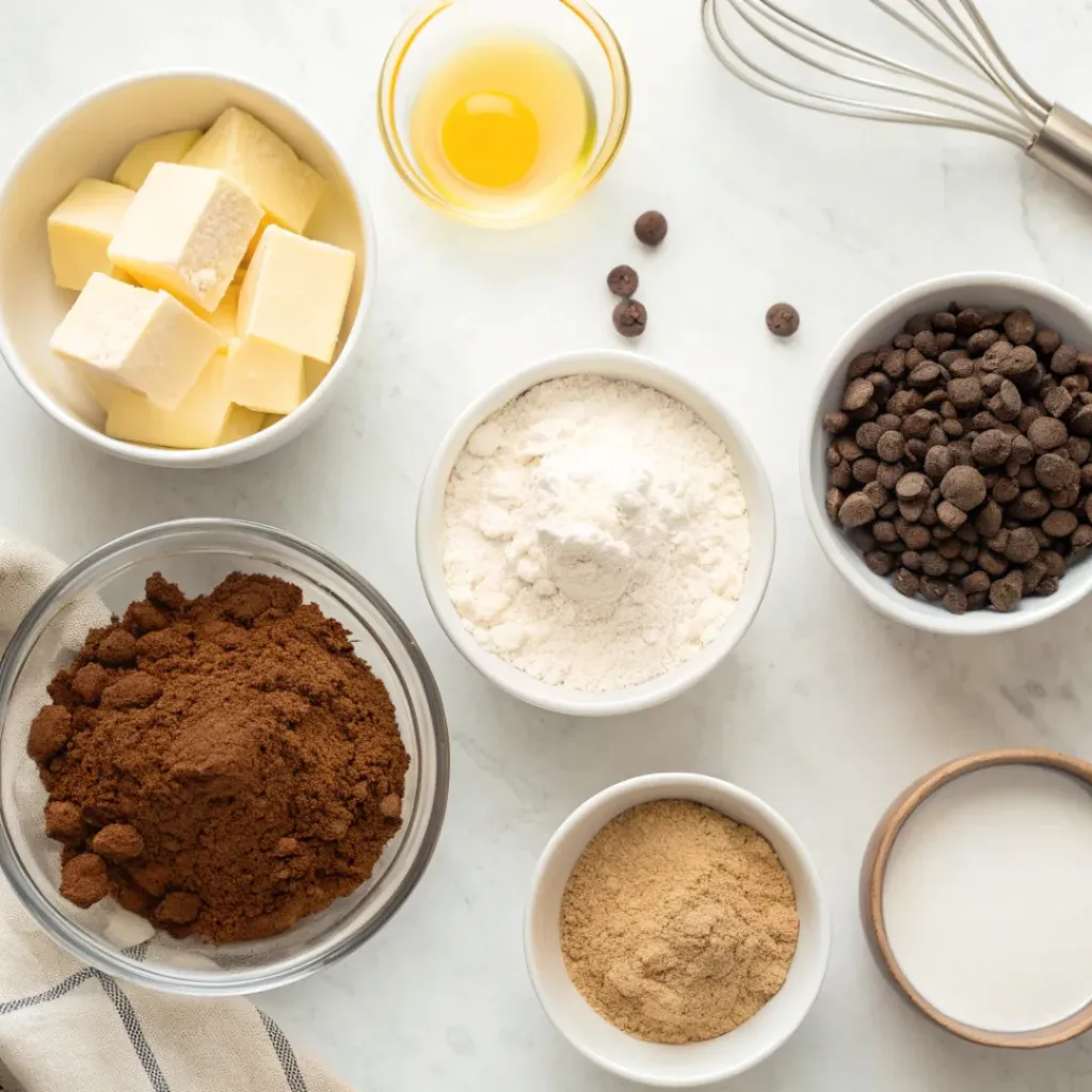 Flat lay of plant-based chocolate, flour, sugar, and other ingredients