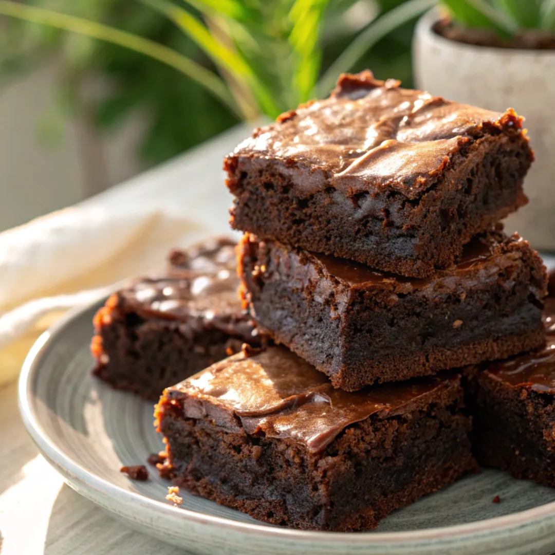 Fudgy vegan brownies stacked on a plate