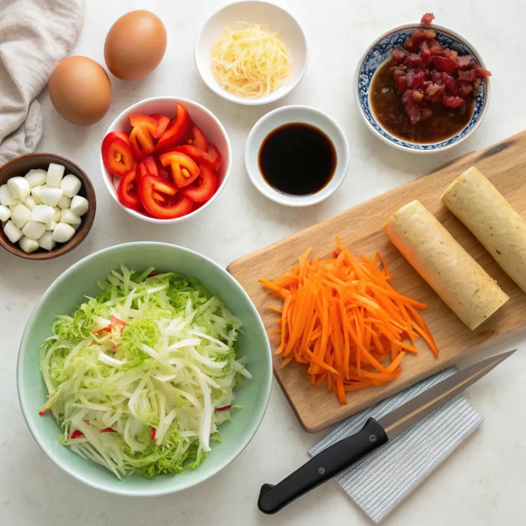 Flat lay of ingredients for Vegetable Egg Rolls
