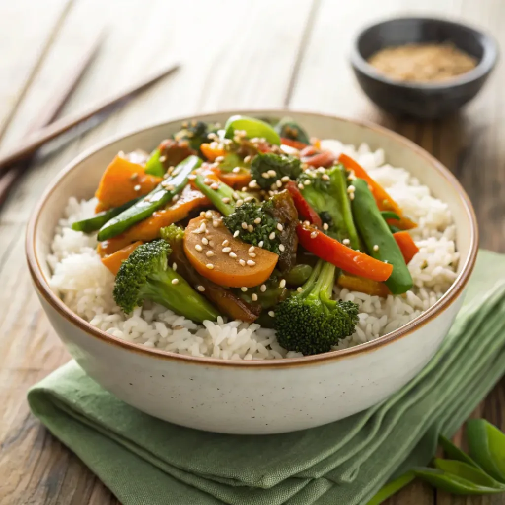 Bowl of vegetable stir-fry served with steamed rice and sesame seeds